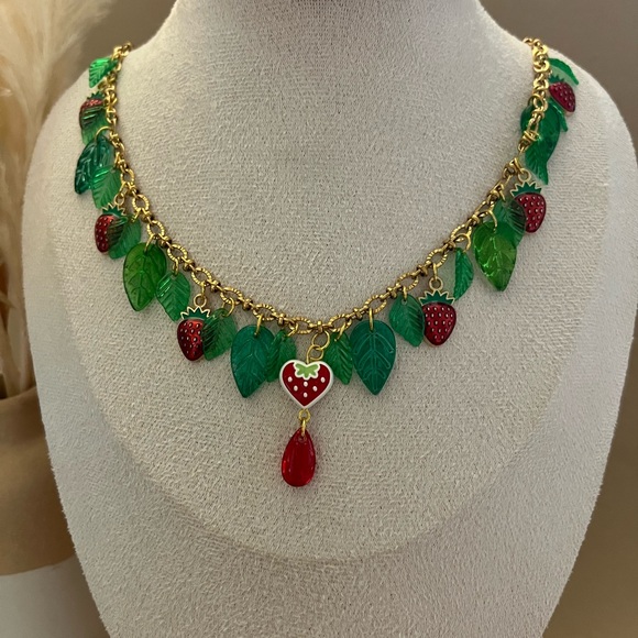 Strawberry Leaf Charm Necklace - Strawberry Whimsical Cottagecore Necklace - Picture 1 of 10